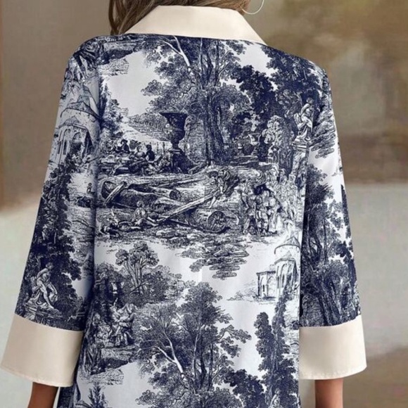 Toile Shirt Dress in Garden Club Print Silky Fabric - Picture 3 of 6